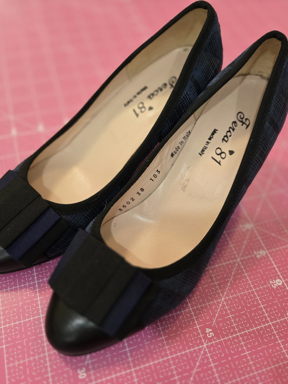 FERSA 81* Navy Plaid Bow-Trim Women's Low Heels 6,5cm Size 38